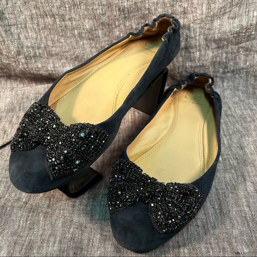Tory Burch Dark Blue Flats with Embellished Black Bow